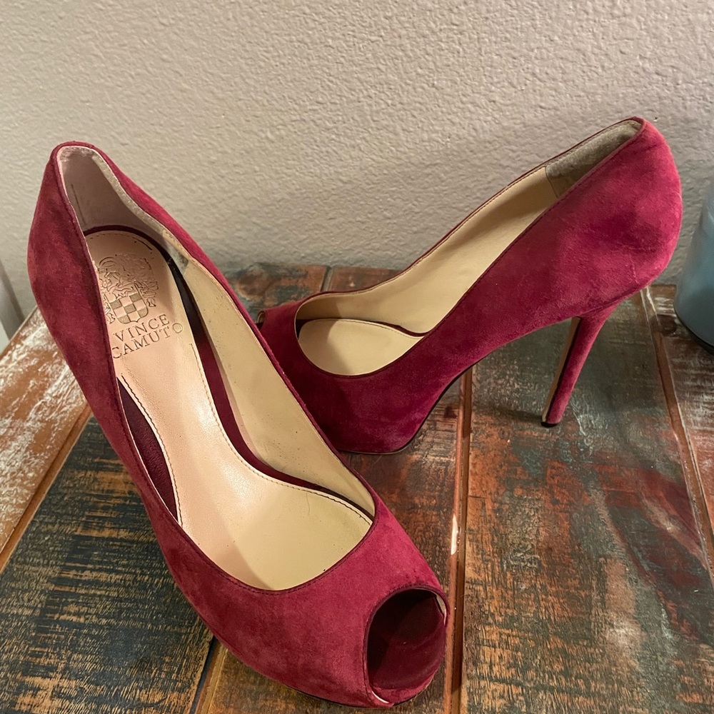 Vince Camuto red suede peep toe heels
